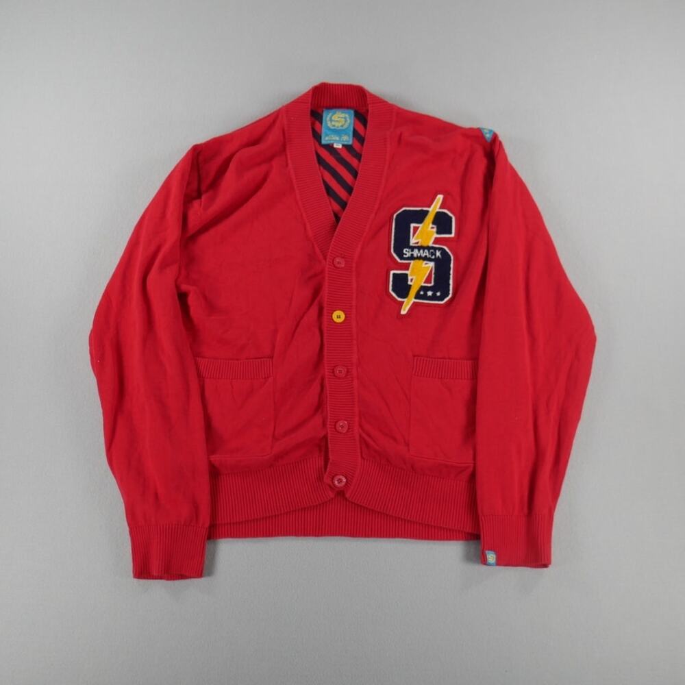 Vintage Y2K Shmack Cardigan Grandma Style Red Big S‎ Patch Womens Size XL Yellow